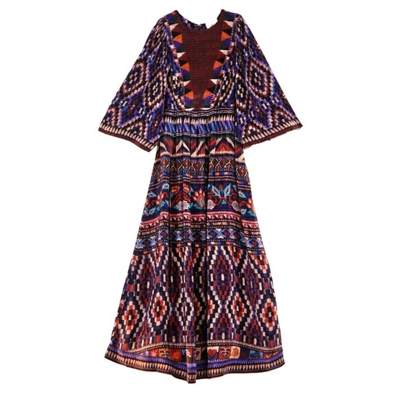 FARM Rio Maxi Dress M Blue Ainika Tapestry Tribal Aztec High Neck Party Resort - Picture 5 of 13